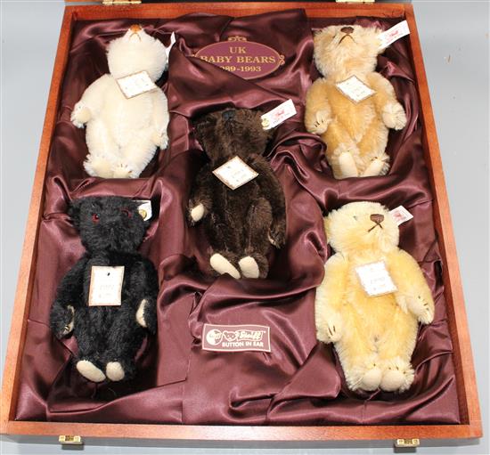 A Steiff UK Baby Bear 1989 - 1993 set of five bears, with certificate number 835, in original box